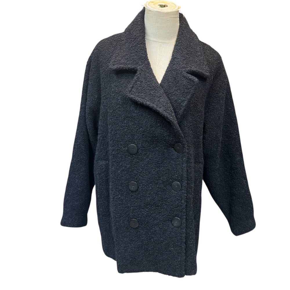 Eileen Fisher Black Wool Boucle Double Breasted Pea Coat Jacket women XL